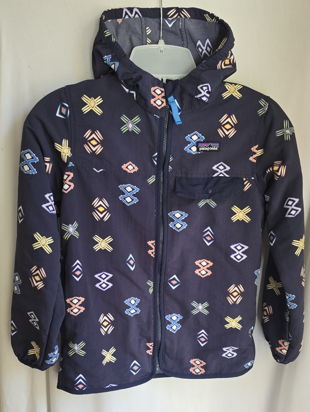 Patagonia Kids M / 10 Navy Hooded Rain Jacket with Geometric Print